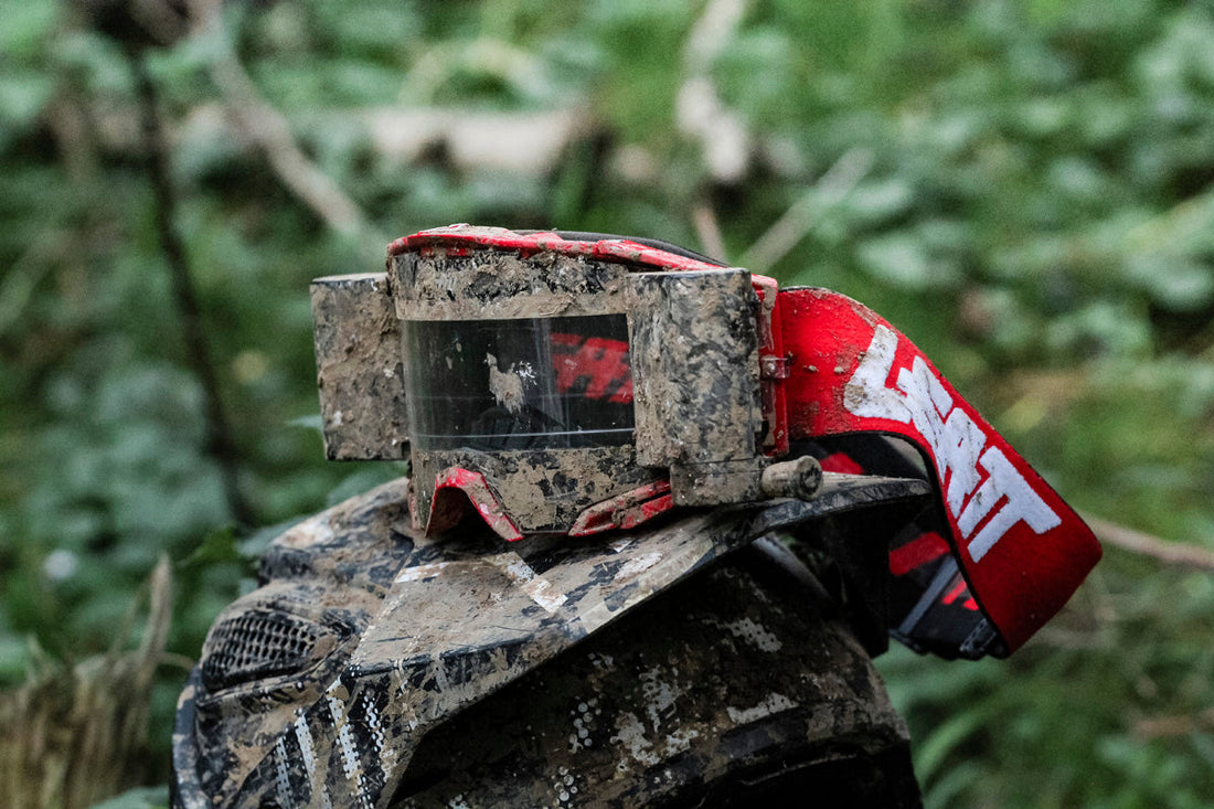 Muddy Red Leatt Goggles with roll-off system attached 