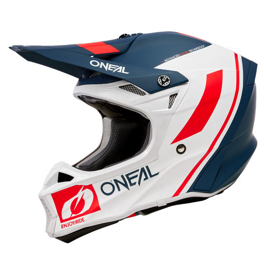 The O'Neal 10SRS FLOW Helmet in Blue, White, and Red is a lightweight fiberglass full-face motorcycle helmet featuring the ONEAL logo and