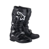 Presenting ALPINESTARS Tech-7 MX Boots Black: these black motocross boots offer reinforced shin protection, thick soles, and adjustable metal buckles with a bold white star logo for unmatched off-road performance and impact resistance.