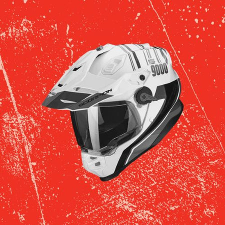 Scorpion Adventure Helmet for Off Road Trail Riding on red background