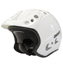The FFM Commander - Scooter/ATV helmet features a white, open-face design with a black interior lining and a durable polycarbonate shell. It includes multiple ventilation holes and mesh panels to ensure optimal airflow. The word "COMMANDER" is printed on the side in bold black letters. Certified by the ECE22.05 safety standard, this helmet is perfect for motorcycling or BMX riding adventures.