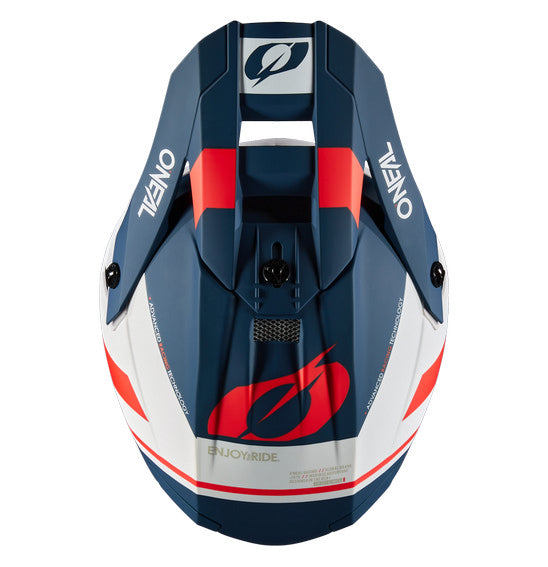 The O'Neal 10SRS FLOW Helmet in Blue, White, and Red is a lightweight fiberglass full-face motorcycle helmet featuring the ONEAL logo and