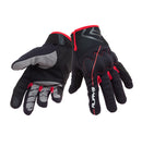 The RJAYS TWIST Glove Blk/Red - Lightweight Street gloves by Rjays feature black and gray anti-slip design with red accents and reinforced palm areas. One glove has a white "SAVAGE" logo on the back. These touch screen compatible gloves are constructed with micro fiber for added durability.