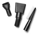 The Husqvarna Cleaning Nozzle Kit features three black attachments—a round brush, a flat nozzle, and a narrow brush with white bristles—perfect for cleaning vehicles and displayed on a white background.