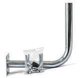 The Husqvarna EPOS™ attachment kit includes a shiny metal L-shaped steel holder with a base plate, plus screws and hardware, ideal for wall or mast mounting. All components are shown on a black background.