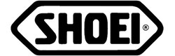 The image is a logo for Shoei, a company that manufactures helmets. The logo consists of the word "SHOEI" in bold, black letters enclosed within a black outlined hexagonal shape with rounded corners.