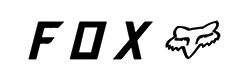 The image displays the logo of Fox Racing, featuring the word "FOX" written in black, stylized uppercase letters, followed by the outline of a fox's head.