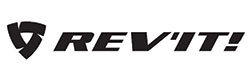 A black logo of the brand REV'IT! featuring a stylized shield design to the left of the brand name in uppercase letters. The font is bold and modern.