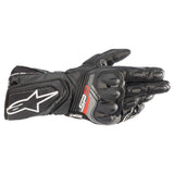 The Alpinestars SP-8 v3 Gloves by Crown Kiwi Enterprises Limited are black leather riding gloves with MotoGP-inspired knuckle protection and a white star logo on the wrist, designed for superior grip and safety.