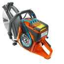 A Husqvarna K1270-16 17" Power Cutter with an orange and black body, large circular blade, and ergonomic handle. The brand logo is visible on the tool. Ideal for heavy-duty cutting tasks, this robust machine is perfect for both construction sites and outdoor projects like maintaining lawns.