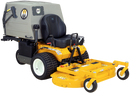 A Walker T27i Zero Turn Collection Mower in yellow and black, equipped with a gray collection system at the rear. It features large black tires and cushioned seating for comfort. This commercial mower, powered by a Kohler Command Pro EFI engine, is designed for efficiency with its control levers and prominent Walker branding logos.