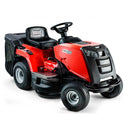 A red Victa VRX17533HC Catcher ride-on lawn mower with a black seat, steering wheel, Hydrostatic Transmission, and large treaded wheels. The mower features an Electric Blade Engagement system, a grass collection bag at the back, and a front section with grille and headlights. The brand name "Victa" is visible on the side.