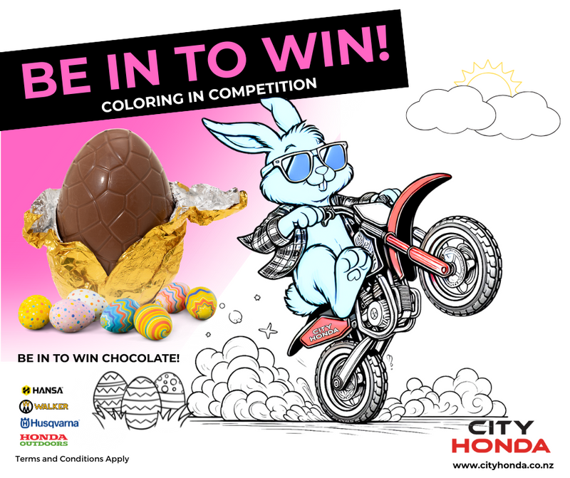 Easter coloring in competition with City Honda Bunny riding a dirtbike be in to win chocolate