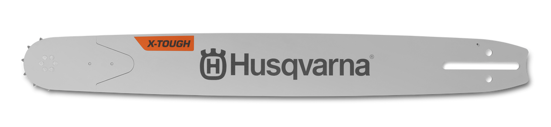 A silver Husqvarna X-TOUGH 3/8" 1.5mm/.058" RSN SM chainsaw bar with black Husqvarna branding and a replacement tip for X-TOUGH RSN sprocket nose bars, shown against a plain black background.