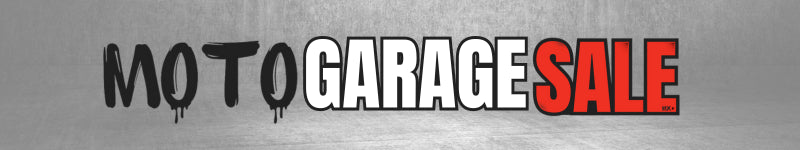 MOTO GARAGE SALE" text on a concrete textured background with "MOTO" in black with a graffiti style, "GARAGE" in white, and "SALE" in bold red.