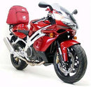 The image shows a Ventura Aprilia SL 1000 Falco Y (2000) Bike-Pack Kit, featuring a sleek black pack and versatile Evo-Rack on a Honda bike. An L-bracket with screws is included, and labels highlight the adjustable features of this innovative pack-rack system.
