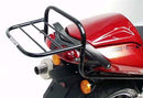 The image shows a Ventura Aprilia SL 1000 Falco Y (2000) Bike-Pack Kit, featuring a sleek black pack and versatile Evo-Rack on a Honda bike. An L-bracket with screws is included, and labels highlight the adjustable features of this innovative pack-rack system.