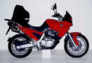 The image of the BMW F 650 Bike-Pack Kit from Ventura displays the sleek black EVO-12 Pack, an Adjustable Pack-Rack for versatile mounting, and an L-Bracket with essential screws for easy installation.