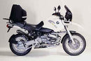 Ventura EVO-12 Bike-Pack Kit for BMW R 1100 GS, includes a black soft bike pack, Sport-Rack metal bike rack for motorcycle mounting, and an L-bracket with screws and hardware (generic image shown).