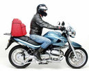 Image displaying three components of the Ventura EVO-12 Bike-Pack Kit for BMW R 1150 R (01-04): an EVO-12 soft bag, a metal Evo-Rack mounted on the bike, and an L-Bracket with screws, shown as a Top-Box Rack kit.