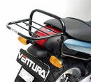 The image features the BMW R 850 R (02-04) Bike-Pack Kit by Ventura in sleek black with a striking orange stripe, highlighting the adjustable Evo-Rack bike rack. It includes a generic L-bracket with screws and bolts for secure attachment.