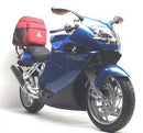Ventura’s Bike-Pack Kit for BMW K 1200 S (05-08, no factory rear carrier) features a black EVO-12 pack, an Evo-Rack on a bike, and an L-bracket with screws—clearly shown together in a generic image.