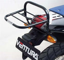 The Ventura EVO-12 Bike-Pack Kit for the BMW HP2 Enduro (06-10) features a sleek black and orange bag, versatile EVO-RACK, and durable black metal L-BRACKETS with screws. Its adjustable Pack-Rack design ensures a secure fit for adventurous journeys.