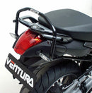 The image depicts the Ventura EVO-12 Bike-Pack Kit featuring a sleek black pack branded "EVO-12 PACK" with the versatile "Evo-Rack." Additionally, it includes metal brackets and screws, labeled as a generic "L-Bracket" assembly, compatible with BMW R 1200 R (07-14).