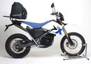The Ventura EVO-12 Bike-Pack Kit for BMW G 650 X Challenge (07-09) features an adjustable Pack-Rack with the EVO-12 pack, Evo-Rack, and L-bracket. The sleek black pack has an orange stripe, while the metal rack and bracket include mounting hardware for easy installation.