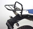 The Ventura EVO-12 Bike-Pack Kit for BMW G 650 X Challenge (07-09) features an adjustable Pack-Rack with the EVO-12 pack, Evo-Rack, and L-bracket. The sleek black pack has an orange stripe, while the metal rack and bracket include mounting hardware for easy installation.