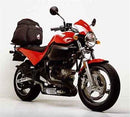 Image of Buell 1200 M2 Cyclone (98-02) featuring a side bag labeled "EVO-12 Pack," an Adjustable Pack-Rack connected with the Evo-Rack system, and mounting hardware showcasing the label "L-Bracket Generic Image," all by Ventura.