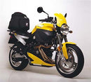 The image features a Buell 1200 Lightning X1 from Ventura, including a sleek black EVO-12 pack, versatile Evo-Rack for bike mounting, and L-Bracket with screws. Each well-crafted component is clearly labeled.