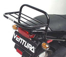 The Ventura Bike-Pack Kit for the Buell 500 Blast Y (2000) includes the EVO-12 pack, adjustable pack-rack, and a versatile L-Bracket with screws. The sleek black pack features an orange stripe, while the rack can be conveniently mounted on your bike.