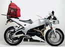 Image showcasing the Ventura Sport-Rack kit for Buell 984 Firebolt XB9R (03-04), featuring a black EVO-12 pack with a zipper and including an Evo-Rack mounted on a bike. The L-Bracket, displayed separately with screws, allows easy attachment.