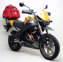 Image of the Ventura EVO-12 Bike-Pack Kit for Buell 1200 Ulysses XB12X (05-09) with an EVO-12 pack, Sport-Rack, and L-bracket. The black pack features orange accents; rack is attached to a bike and the L-bracket comes with screws and bolts.