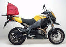 Image of the Ventura EVO-12 Bike-Pack Kit for Buell 1200 Ulysses XB12X (05-09) with an EVO-12 pack, Sport-Rack, and L-bracket. The black pack features orange accents; rack is attached to a bike and the L-bracket comes with screws and bolts.
