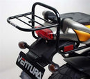 Image of the Ventura EVO-12 Bike-Pack Kit for Buell 1200 Ulysses XB12X (05-09) with an EVO-12 pack, Sport-Rack, and L-bracket. The black pack features orange accents; rack is attached to a bike and the L-bracket comes with screws and bolts.
