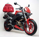 An image features three components of the Ventura EVO-12 Bike-Pack Kit for Buell 1200 Lightning XB12SS (05-09): Top left, a black EVO-12 pack with a red stripe; top right, an Adjustable Pack-Rack on a bike; bottom, an L-bracket with screws.