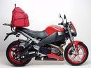 An image features three components of the Ventura EVO-12 Bike-Pack Kit for Buell 1200 Lightning XB12SS (05-09): Top left, a black EVO-12 pack with a red stripe; top right, an Adjustable Pack-Rack on a bike; bottom, an L-bracket with screws.