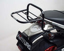 An image features three components of the Ventura EVO-12 Bike-Pack Kit for Buell 1200 Lightning XB12SS (05-09): Top left, a black EVO-12 pack with a red stripe; top right, an Adjustable Pack-Rack on a bike; bottom, an L-bracket with screws.