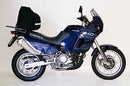 Image of the Cagiva E900 Elefant featuring a Ventura EVO-12 Bike-Pack Kit with an Evo-Rack mounted on a bike using an L-bracket and screws. Each component, including the adjustable Pack-Rack, is individually labeled and showcased on a clean white background.