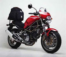 Image of a Ventura Ducati M900 Monster/Monstro Bike-Pack Kit with an Adjustable Pack-Rack, an Evo-Rack for motorcycles, and a labeled L-bracket with assembly bolts.