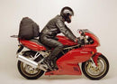 Image of the Ventura Ducati 900 SS Bike-Pack Kit, featuring a sleek black EVO-12 pack with a red stripe, an Evo-Rack mounted above the rear wheel, and a sturdy L-bracket with screws for easy installation.