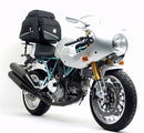 Image showing three components of the Ventura EVO-12 Bike-Pack Kit for Ducati 1000 Sport (06-09): the black EVO-12 Pack, a metal Evo-Rack mounted on a motorcycle, and an L-Bracket with screws. Generic image shown.