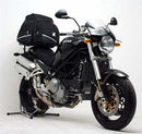 Image showcasing Ducati 996 Monster S4R (04-07) EVO-12 Bike-Pack Kit by Ventura: Top left - black EVO-12 pack; Top right - Evo-Rack attached to a bike; Bottom section - L-Bracket with screws and bolts, all in sleek black.
