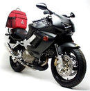 Image showing the Honda VTR 1000 FV Firestorm (98-06) EVO-12 Bike-Pack Kit by Ventura: a black, zippered EVO-12 pack with logo, an adjustable Pack-Rack with mounting hardware, and a separate versatile L-bracket. The Pack-Rack is attached to a bike.