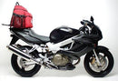 Image showing the Honda VTR 1000 FV Firestorm (98-06) EVO-12 Bike-Pack Kit by Ventura: a black, zippered EVO-12 pack with logo, an adjustable Pack-Rack with mounting hardware, and a separate versatile L-bracket. The Pack-Rack is attached to a bike.