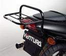 Image showing the Honda VTR 1000 FV Firestorm (98-06) EVO-12 Bike-Pack Kit by Ventura: a black, zippered EVO-12 pack with logo, an adjustable Pack-Rack with mounting hardware, and a separate versatile L-bracket. The Pack-Rack is attached to a bike.