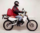 The Honda XR 650 L, W bike-pack kit from Ventura features a black EVO-12 pack with a red stripe and pocket, an Adjustable Pack-Rack made of sturdy black metal for secure holding of the pack, and an L-bracket displayed with fittings underneath.