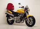 The image showcases a sleek black EVO-12 pack by Ventura, the Sport-Rack installed on a Honda CB 600 FW, X, Y Hornet (98 - 06), and an L-bracket with hardware.